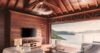 Living room with wooden interiors and panoramic ocean view at luxury villa rental in St Barts