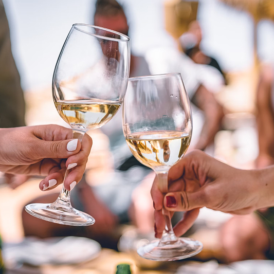 Guests toasting with white wine glasses