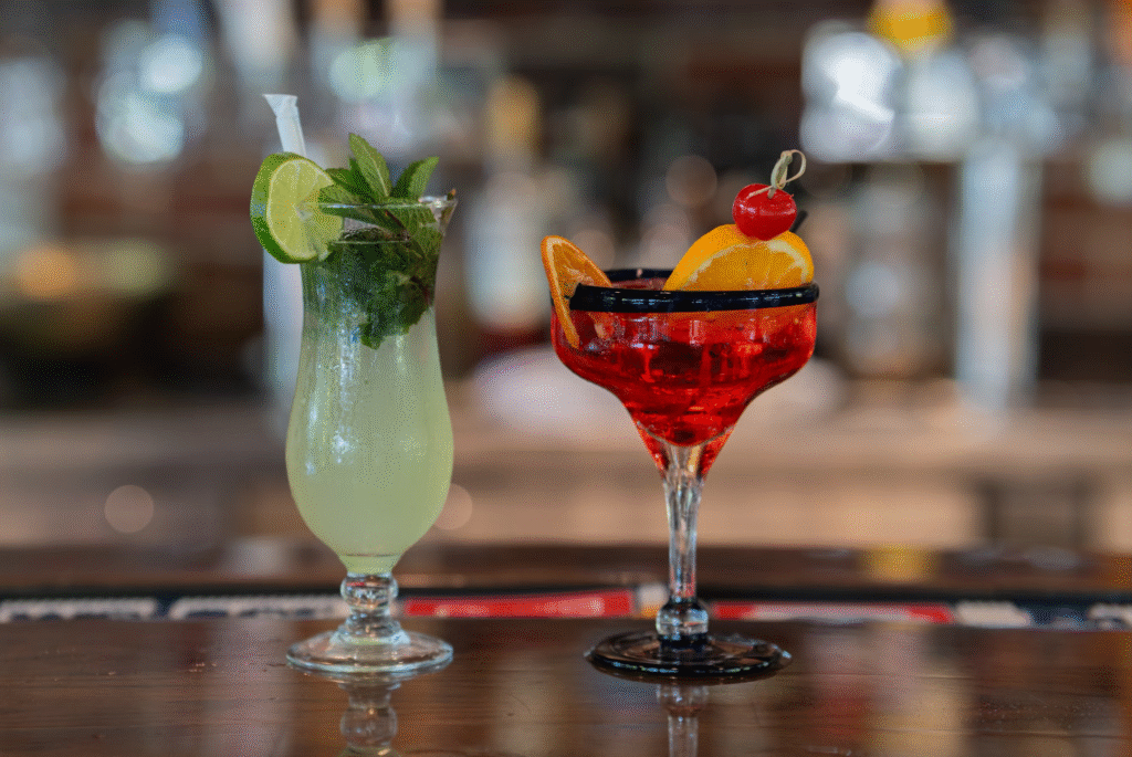 Mojito and red citrus cocktail on a bar at a luxury villa in St. Barthélemy.