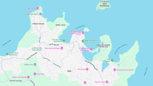 Map of Grand Cul-de-Sac area in St. Barts, highlighting nearby locations and villa spots around the bay.