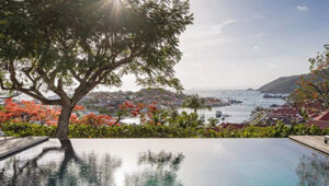 Infinity pool overlooking lush garden and scenic bay with boats in Gustavia.