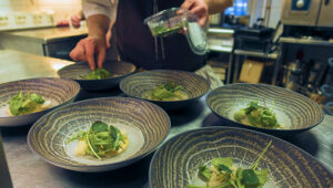 Private chef preparing elegant plated dishes with greens in a professional kitchen setting.