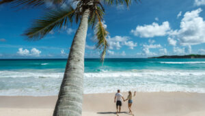 Couple walking on tropical beach under palm tree with turquoise waves and blue sky.
