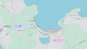 Map showing St. Jean area in St. Barts with beach, hotels, and nearby airport.