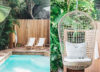 Tropical pool deck with wooden lounge chairs and hanging rattan chair surrounded by lush greenery at a private villa in St Barts