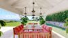 Outdoor dining terrace of private villa rentals in st barts with ocean view and pink seating